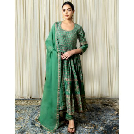 Green Gathered Anarkali Set